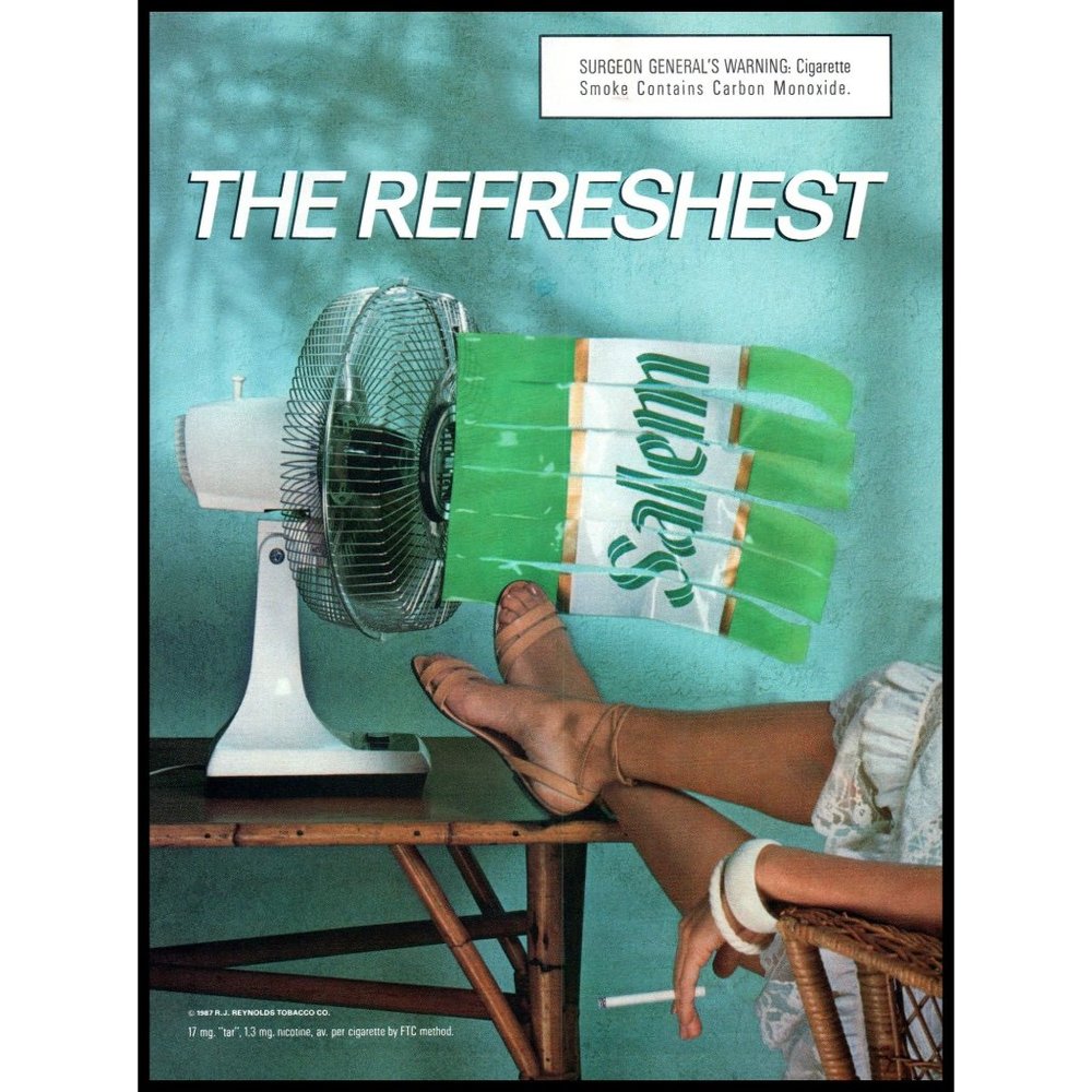 1987 Salem Cigarettes Vintage Print Ad Oscillating Fan Cotton Dress Sandals Art